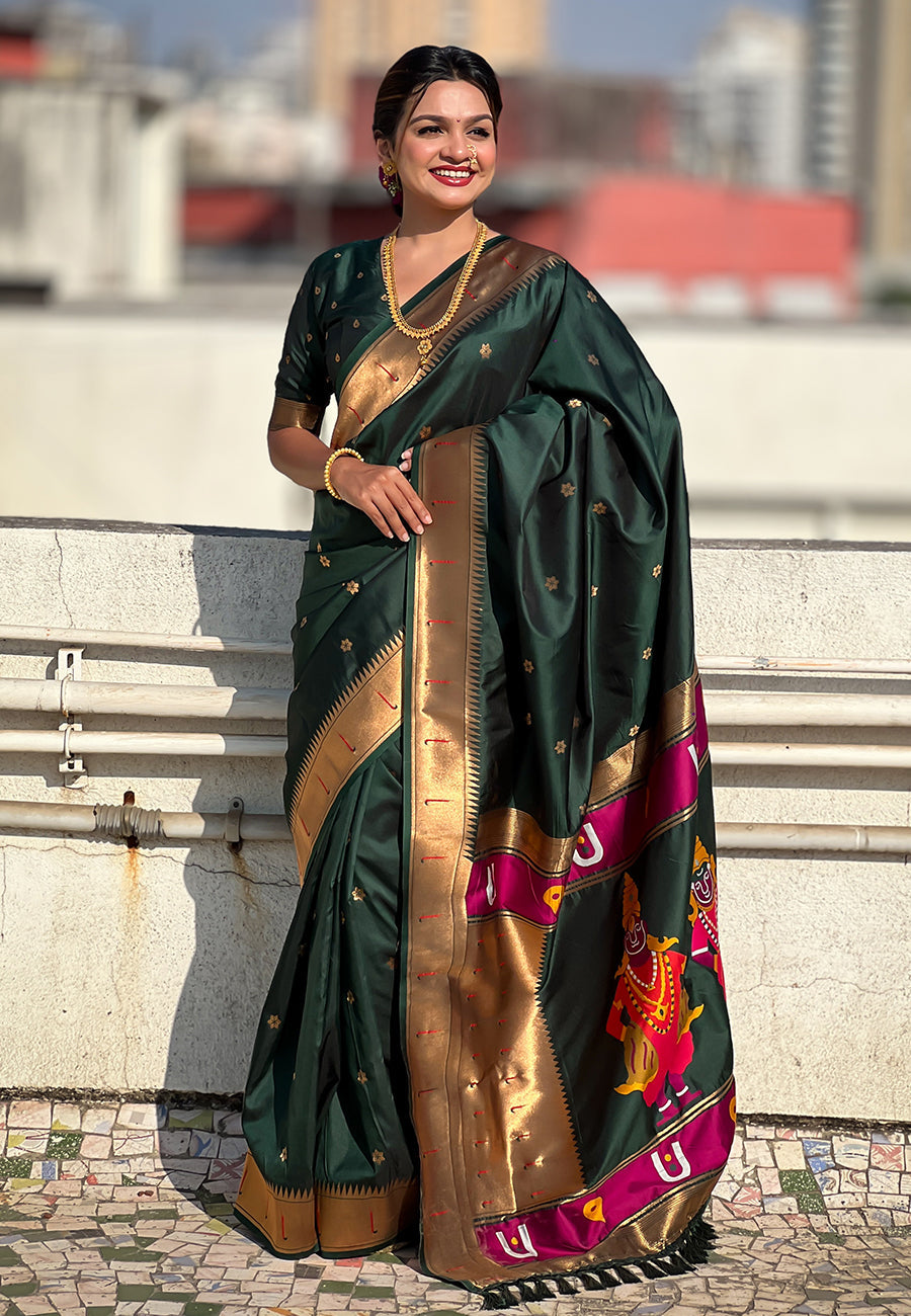 Bottle Green Zari Woven Vitthala God Special Traditional Paithani Silk Saree