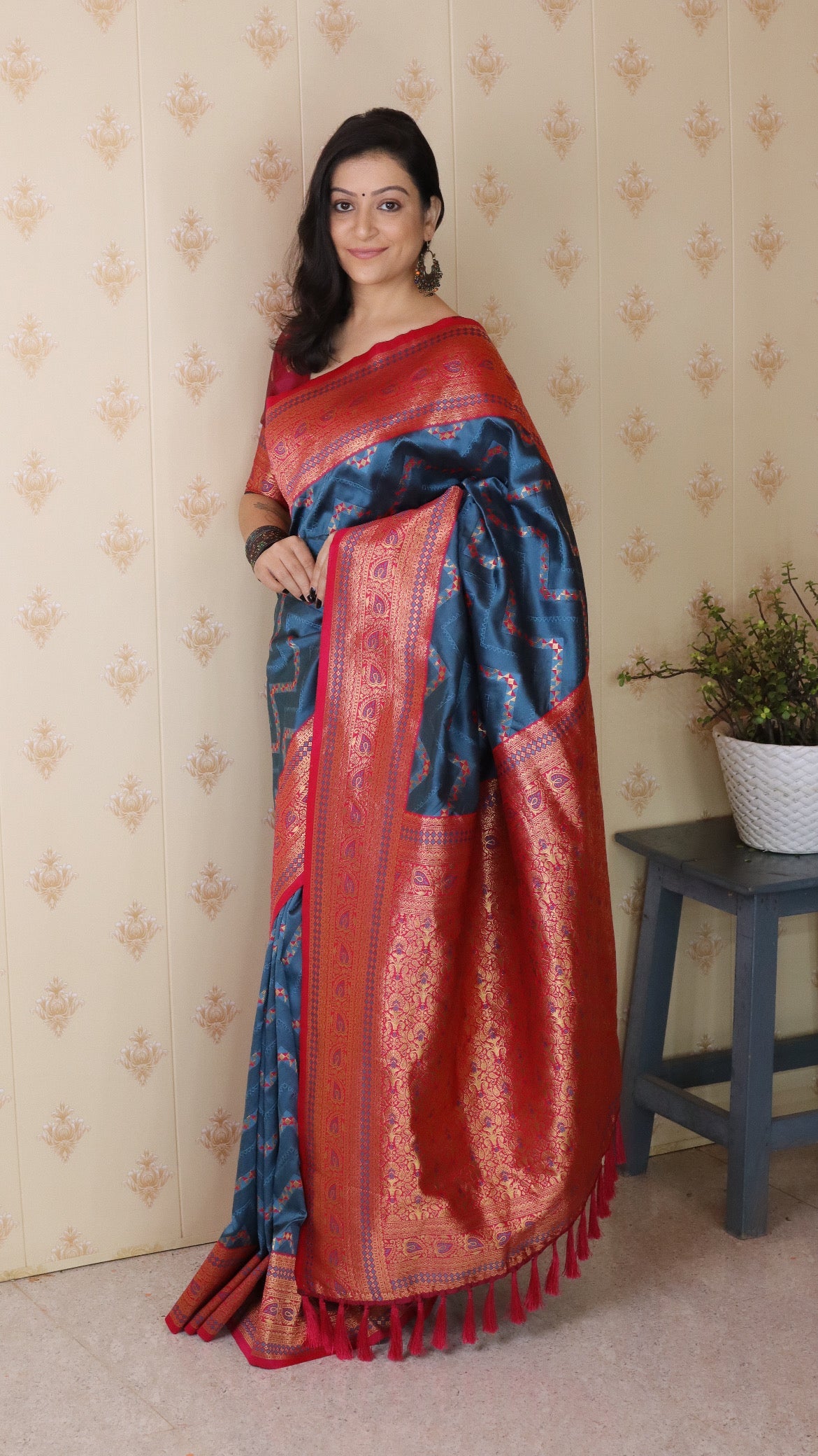 Denim Blue Soft Silk Banarasi ZigZag Meenakari Zari Woven Saree