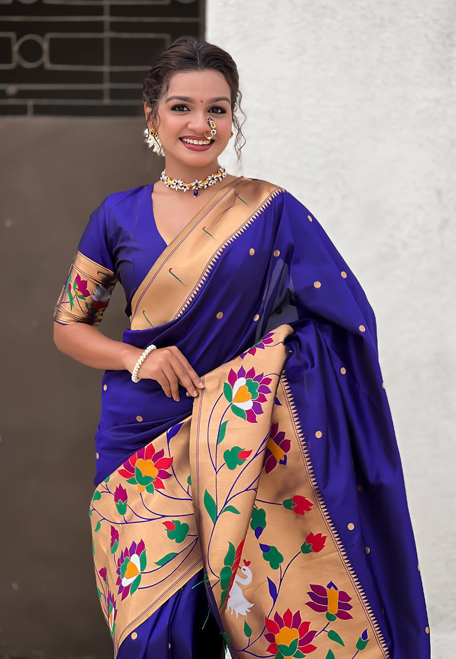 Violet Paithani Silk Saree with Half Half Concept Big Border Zari Woven Saree