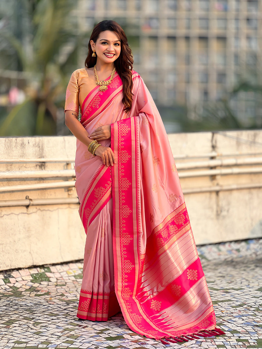 Baby Pink Soft Silk Traditional Zari Contrast Woven Saree