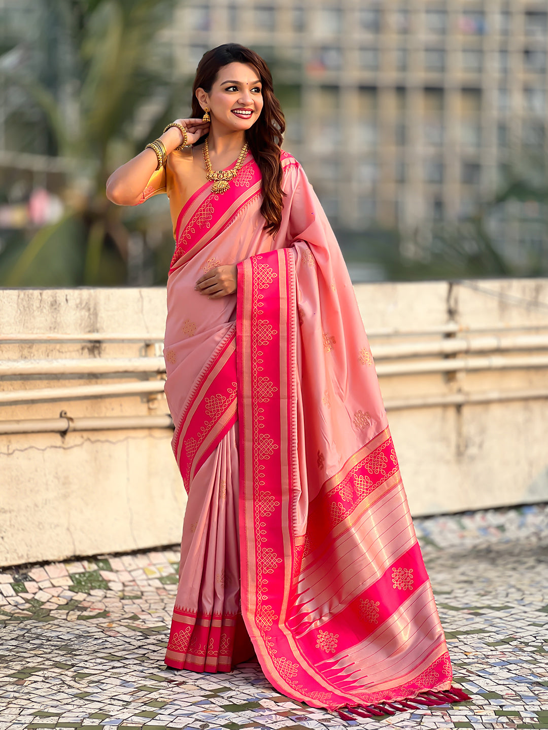 Baby Pink Soft Silk Traditional Zari Contrast Woven Saree