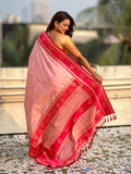 Baby Pink Soft Silk Traditional Zari Contrast Woven Saree