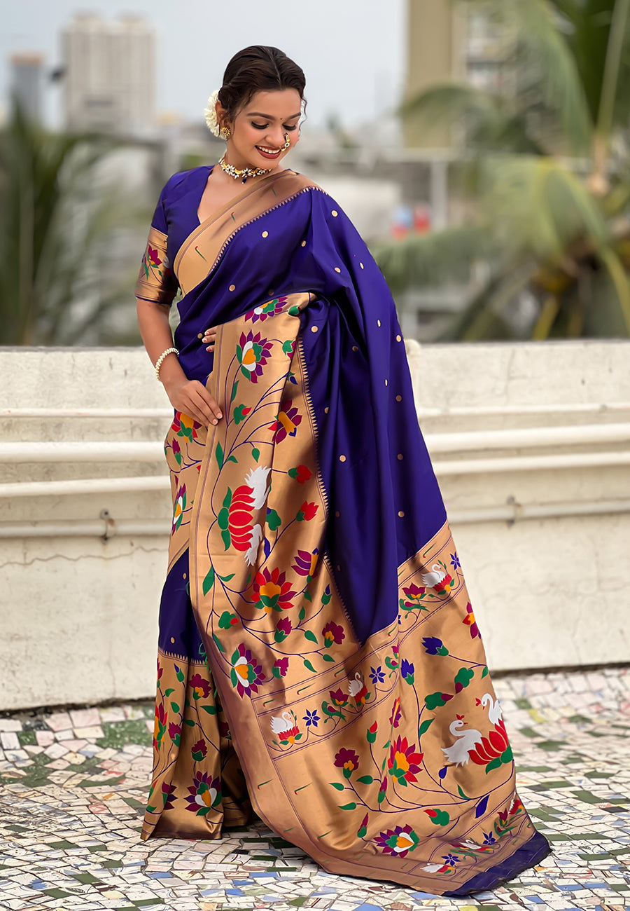 Violet Paithani Silk Saree with Half Half Concept Big Border Zari Woven Saree