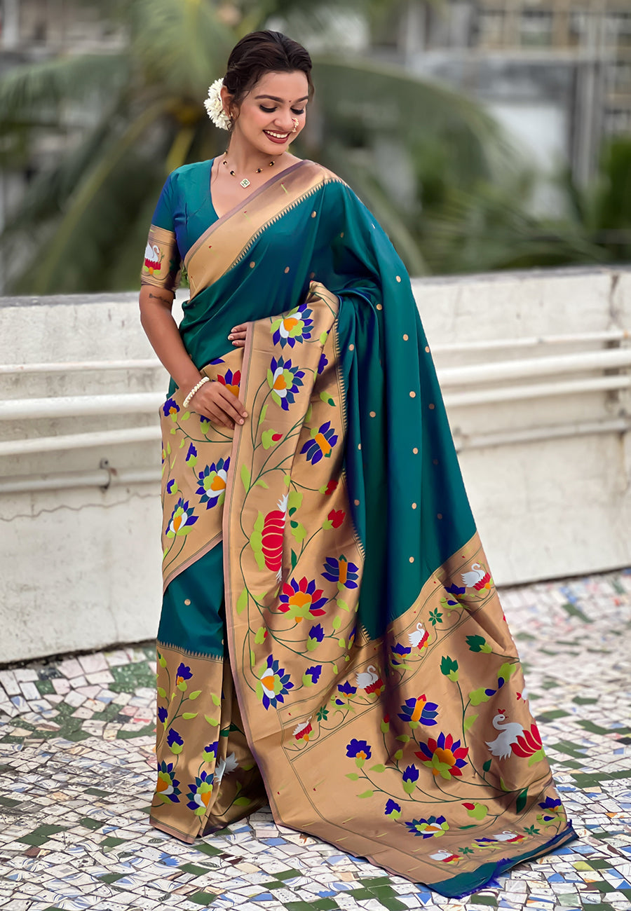 Green Paithani Silk Saree with Half Half Concept Big Border Zari Woven Saree
