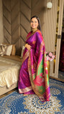 Magenta Soft Silk Ikkat Patola Saree with Meenakari Motifs Peacock Pallu and Gold Zari Border