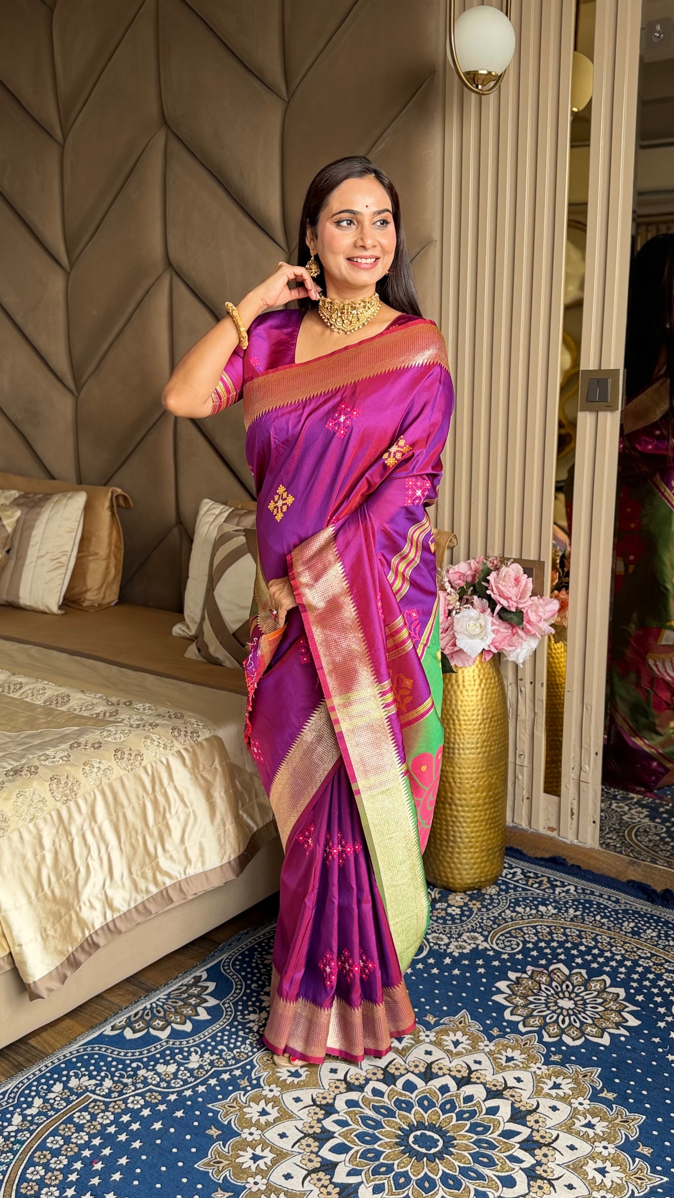 Magenta Soft Silk Ikkat Patola Saree with Meenakari Motifs Peacock Pallu and Gold Zari Border