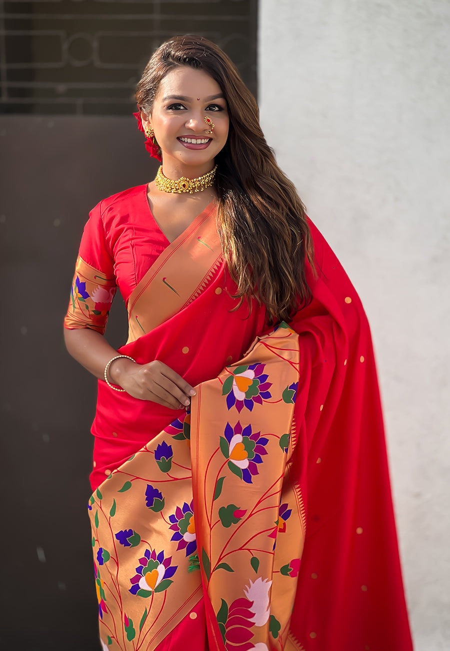 Red Paithani Silk Saree with Half Half Concept Big Border Zari Woven Saree