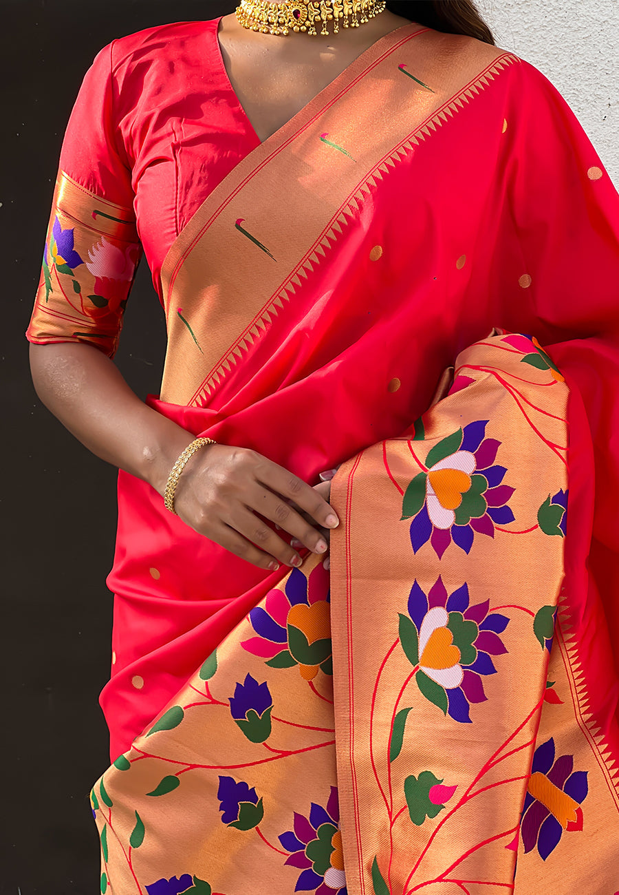 Red Paithani Silk Saree with Half Half Concept Big Border Zari Woven Saree