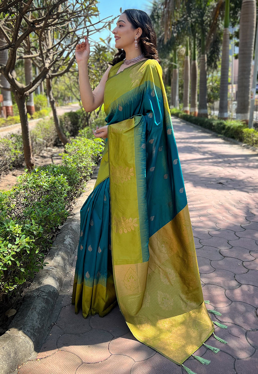 Sea Blue Soft Silk Floral Border Contrast Zari Woven Saree