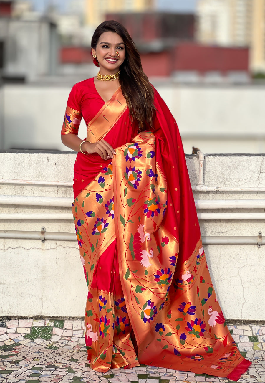 Red Paithani Silk Saree with Half Half Concept Big Border Zari Woven Saree