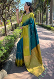 Sea Blue Soft Silk Floral Border Contrast Zari Woven Saree