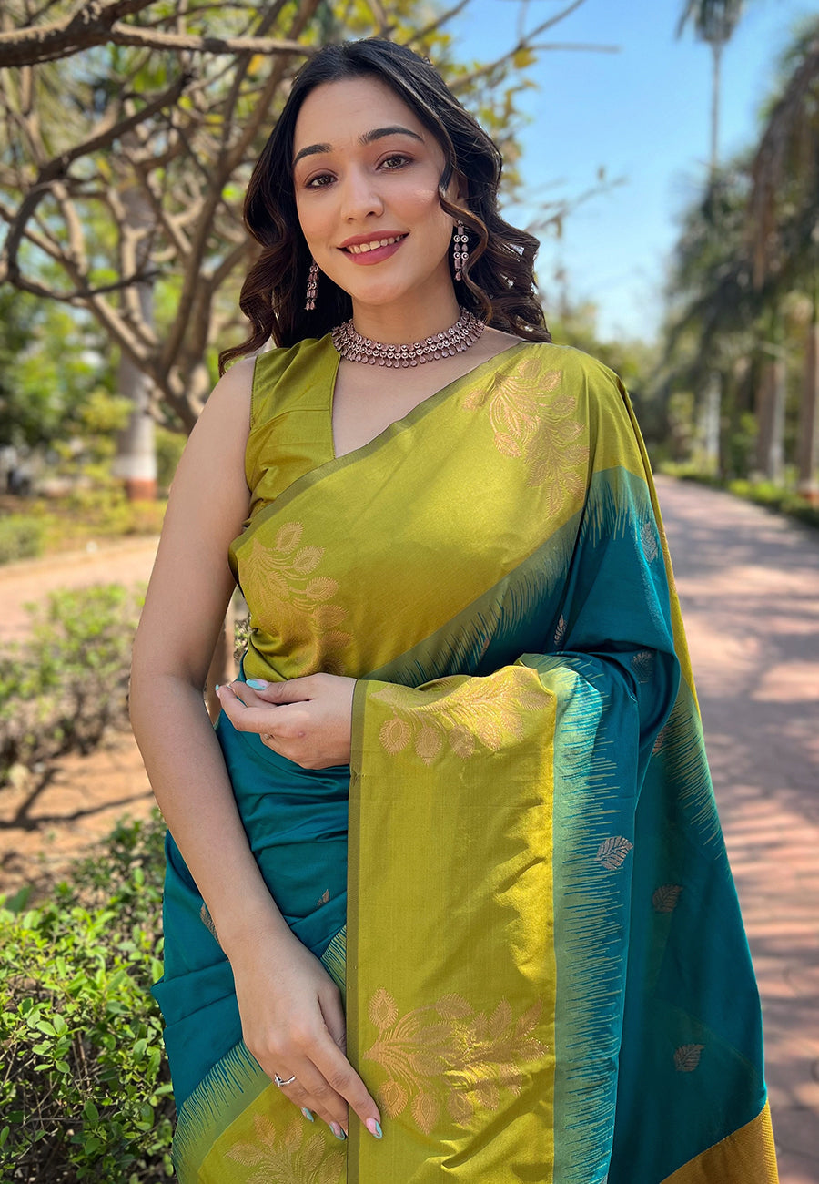 Sea Blue Soft Silk Floral Border Contrast Zari Woven Saree