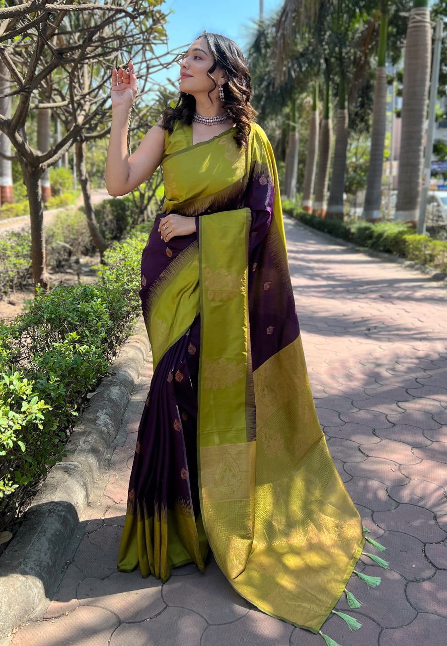 Wine Soft Silk Floral Border Contrast Zari Woven Saree
