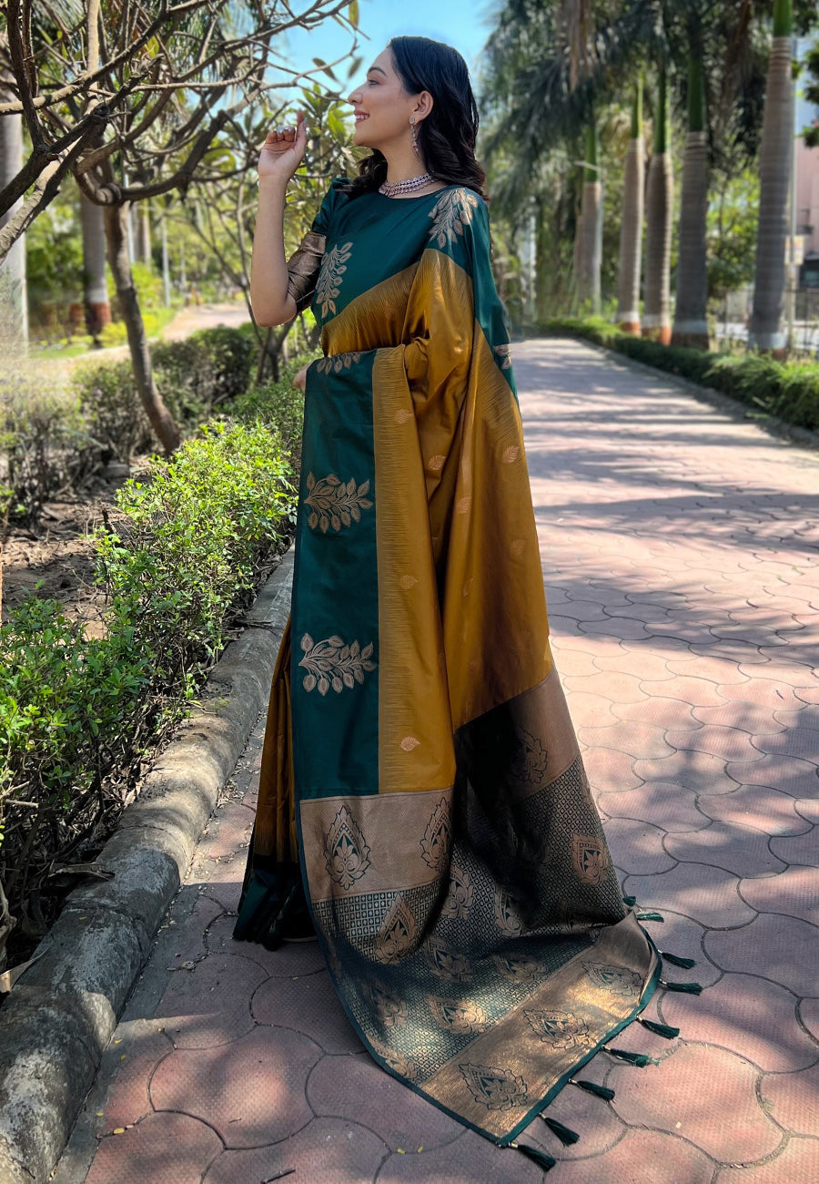 Luxor Gold Soft Silk Floral Border Contrast Zari Woven Saree