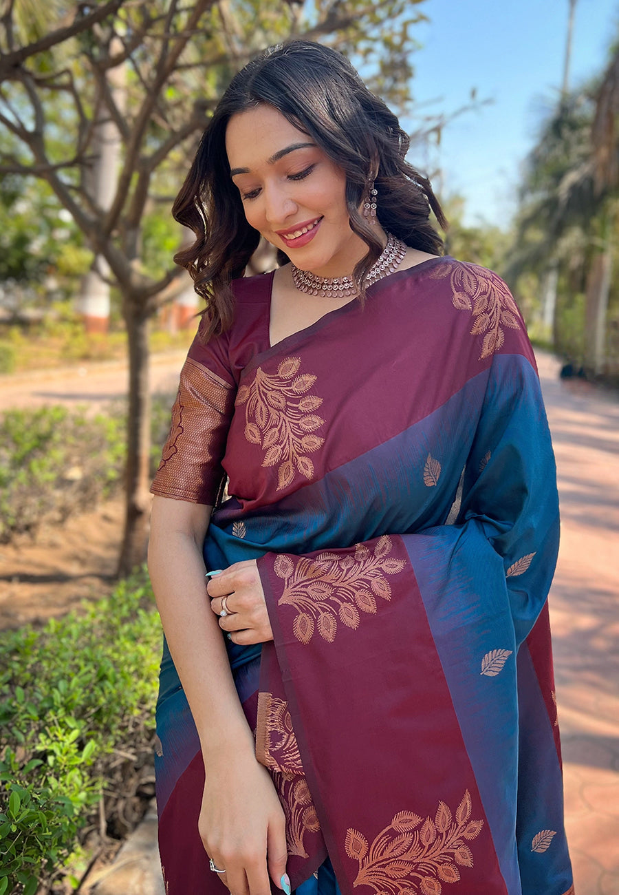 Peacock Blue Soft Silk Floral Border Contrast Zari Woven Saree