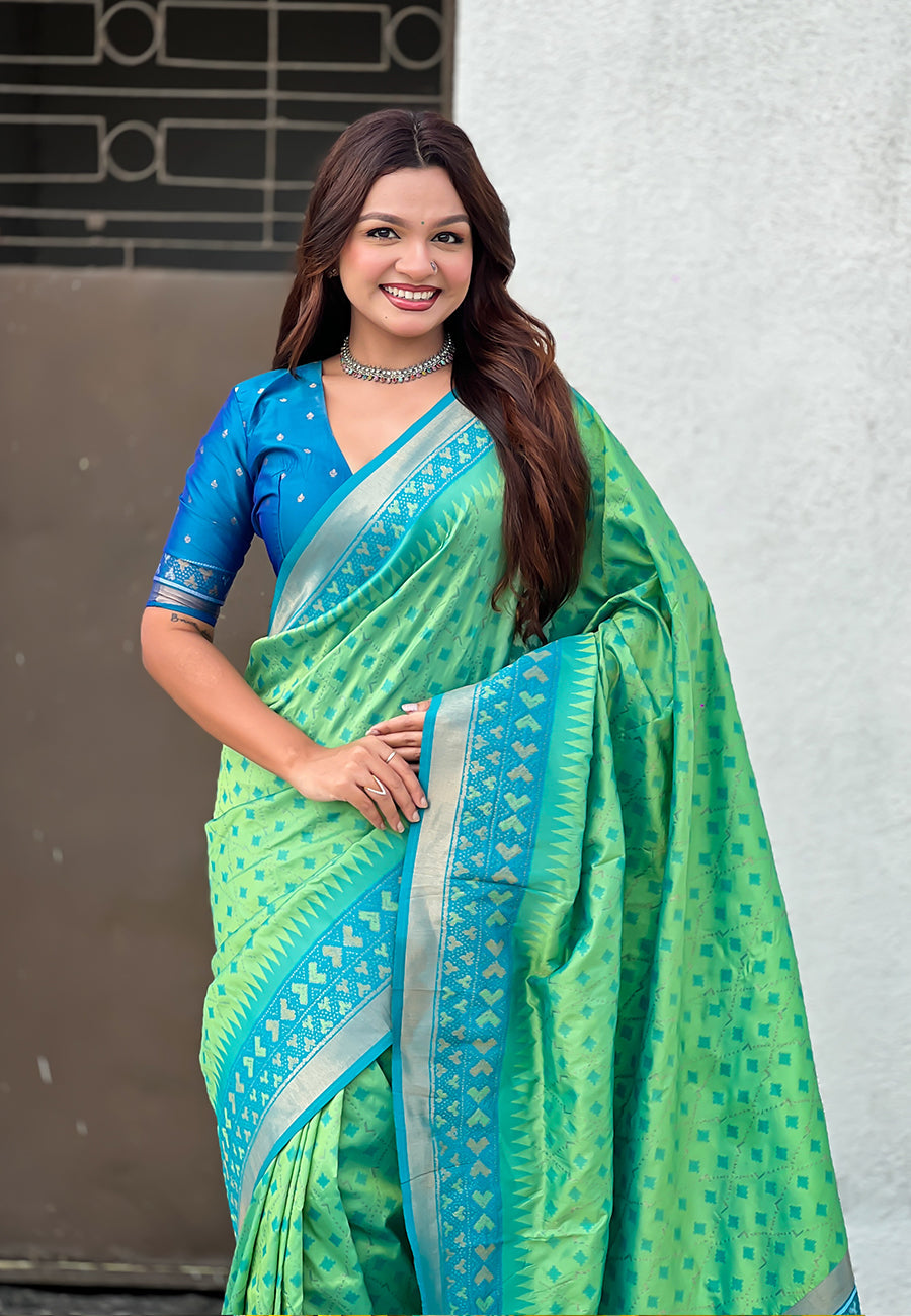 Pista Soft Silk Zari Woven Patola Saree with Contrast Bandhani Weaves
