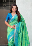 Pista Soft Silk Zari Woven Patola Saree with Contrast Bandhani Weaves