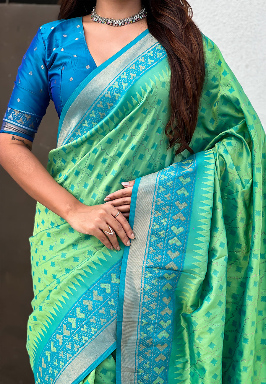 Pista Soft Silk Zari Woven Patola Saree with Contrast Bandhani Weaves