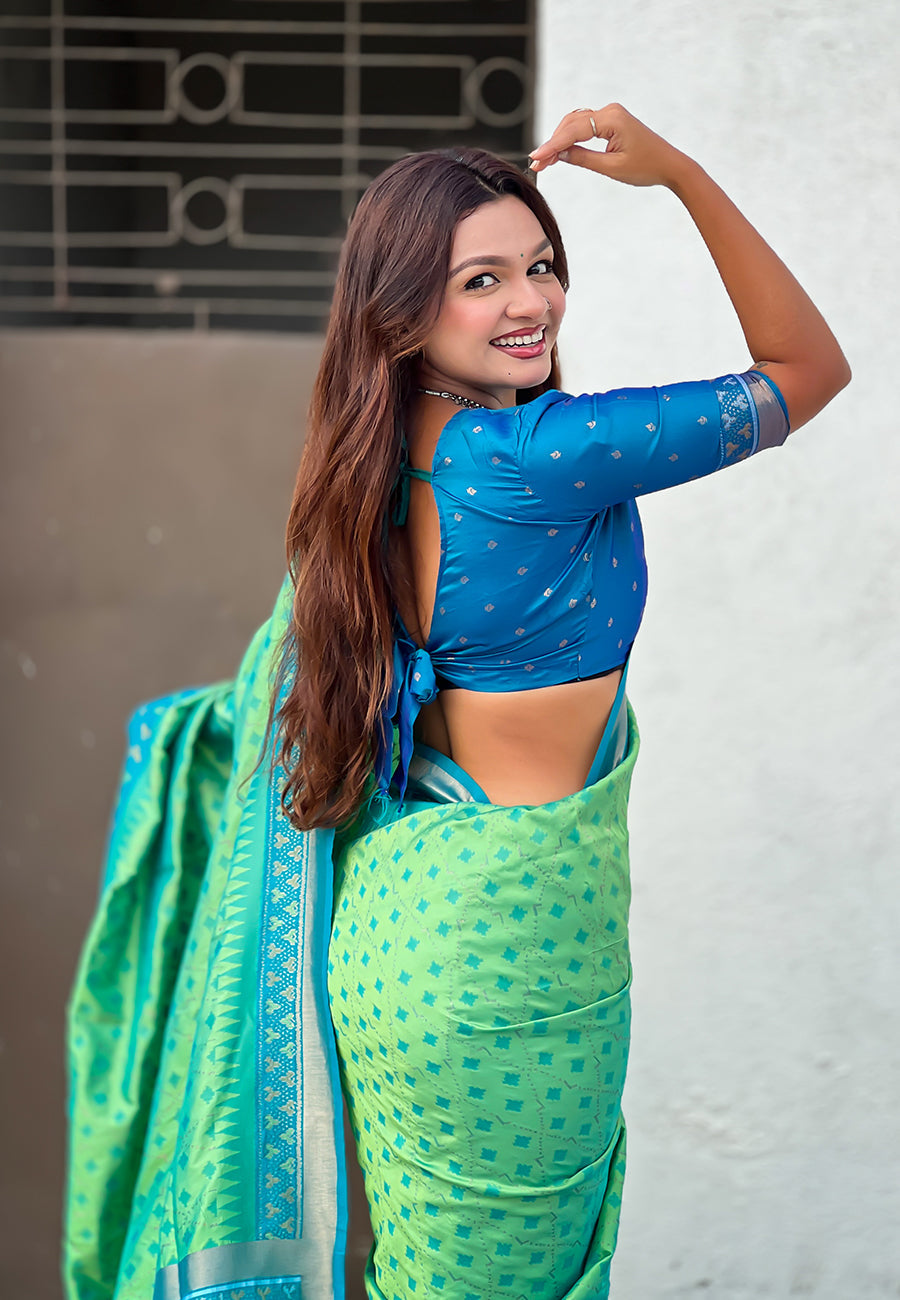 Pista Soft Silk Zari Woven Patola Saree with Contrast Bandhani Weaves