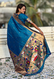 Blue Paithani Silk Saree with Half Half Concept Big Border Zari Woven Saree