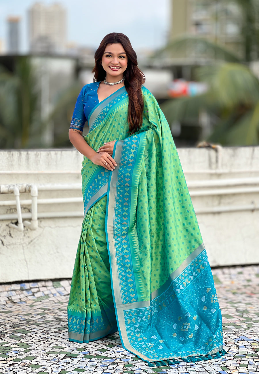 Pista Soft Silk Zari Woven Patola Saree with Contrast Bandhani Weaves