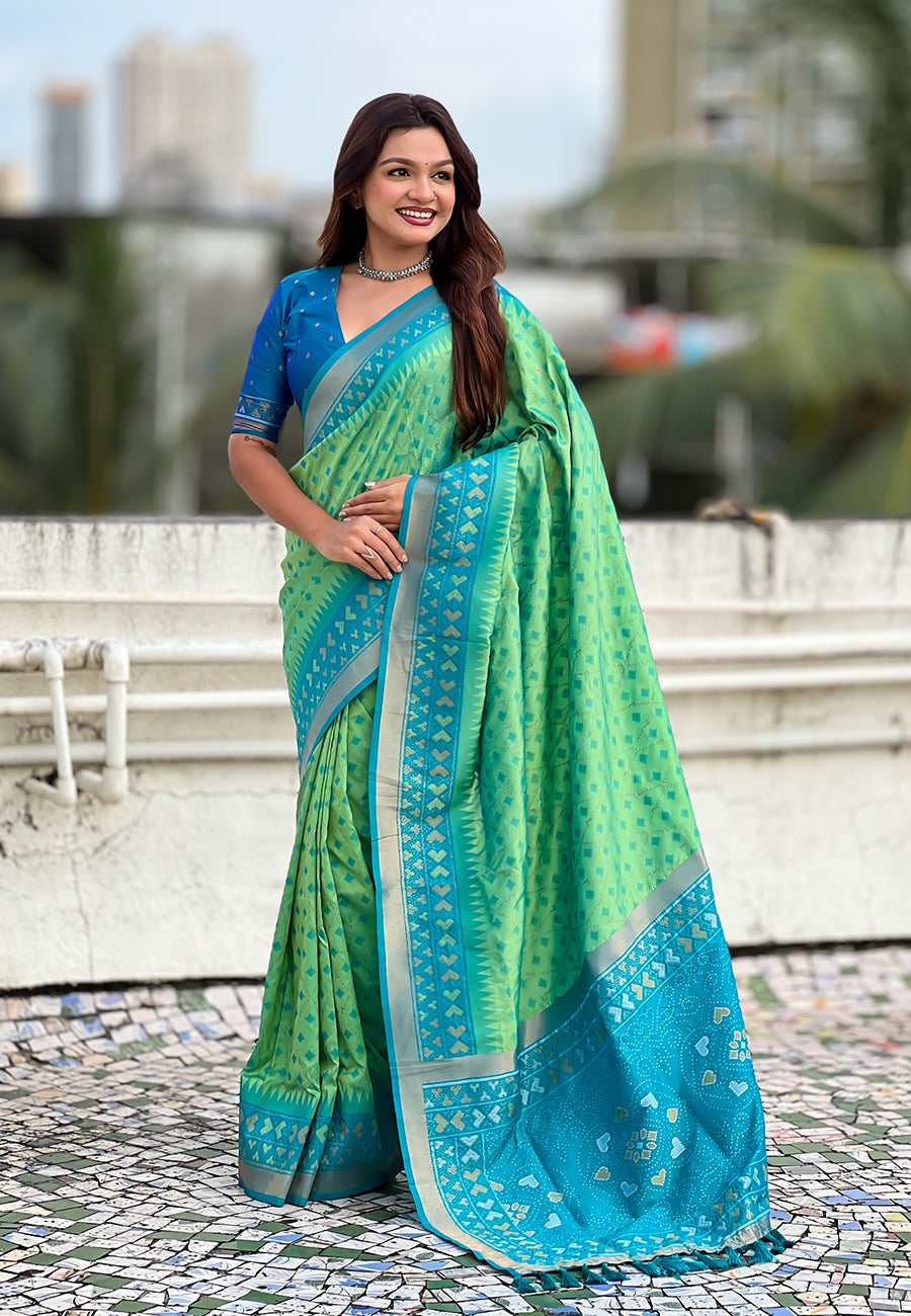 Pista Soft Silk Zari Woven Patola Saree with Contrast Bandhani Weaves