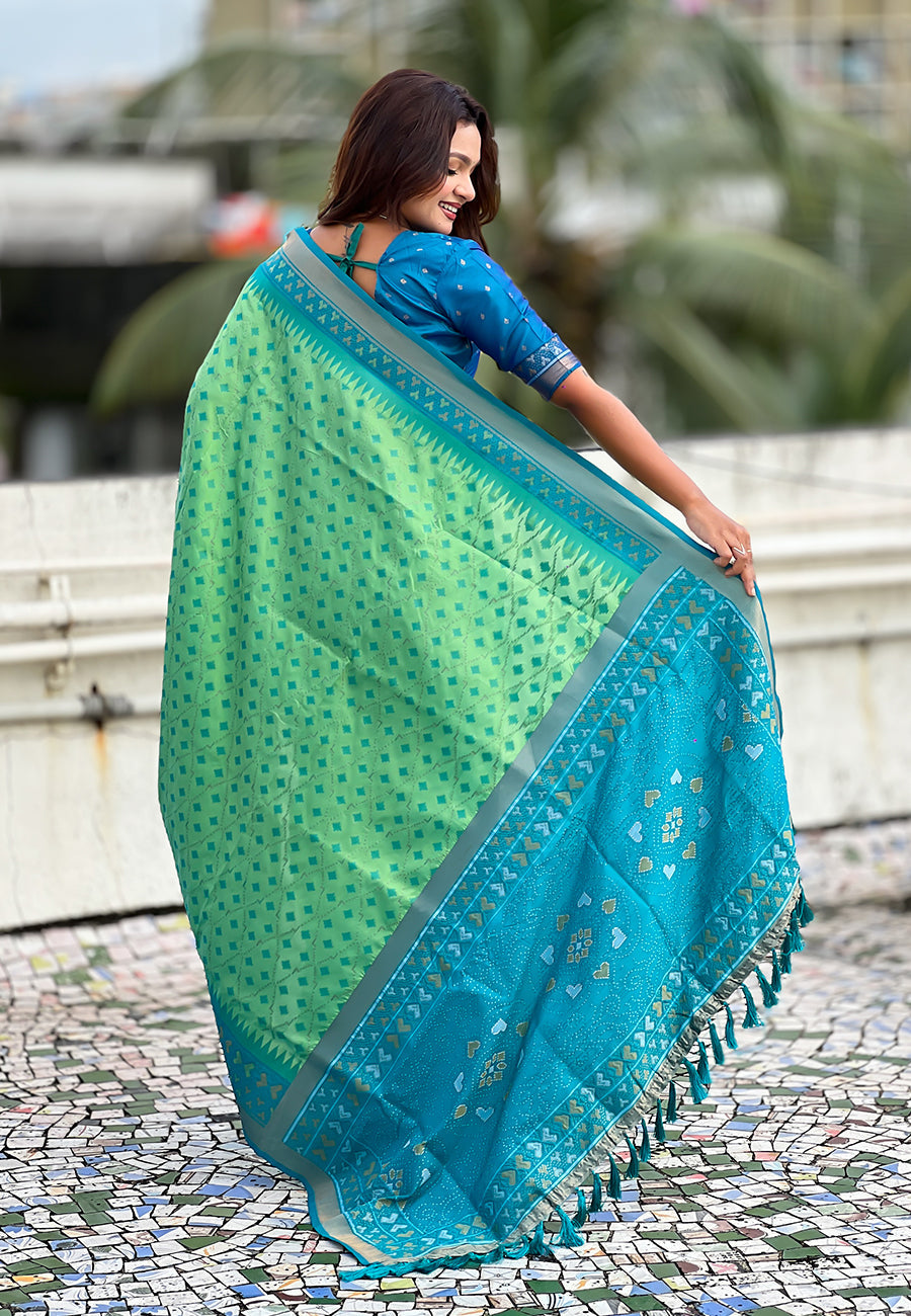 Pista Soft Silk Zari Woven Patola Saree with Contrast Bandhani Weaves
