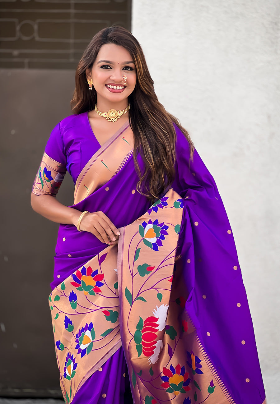 Purple Paithani Silk Saree with Half Half Concept Big Border Zari Woven Saree
