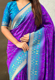 Purple Soft Silk Zari Woven Patola Saree with Contrast Bandhani Weaves
