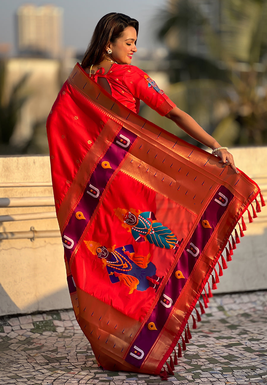 Red Zari Woven Vitthala God Special Traditional Paithani Silk Saree