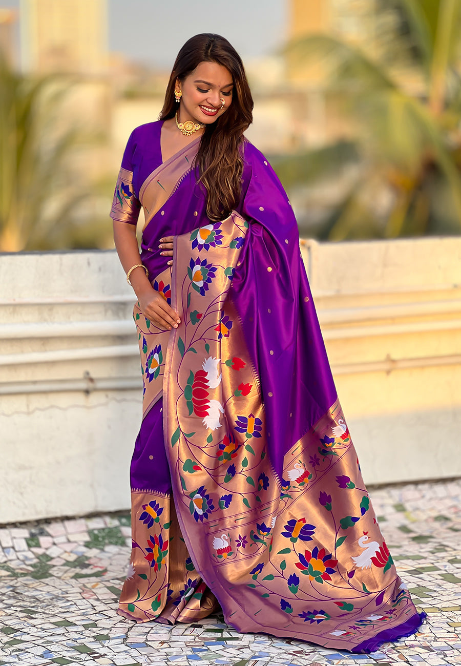 Purple Paithani Silk Saree with Half Half Concept Big Border Zari Woven Saree