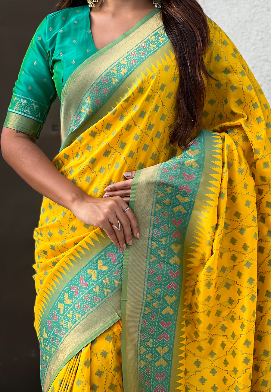 Yellow Soft Silk Zari Woven Patola Saree with Contrast Bandhani Weaves