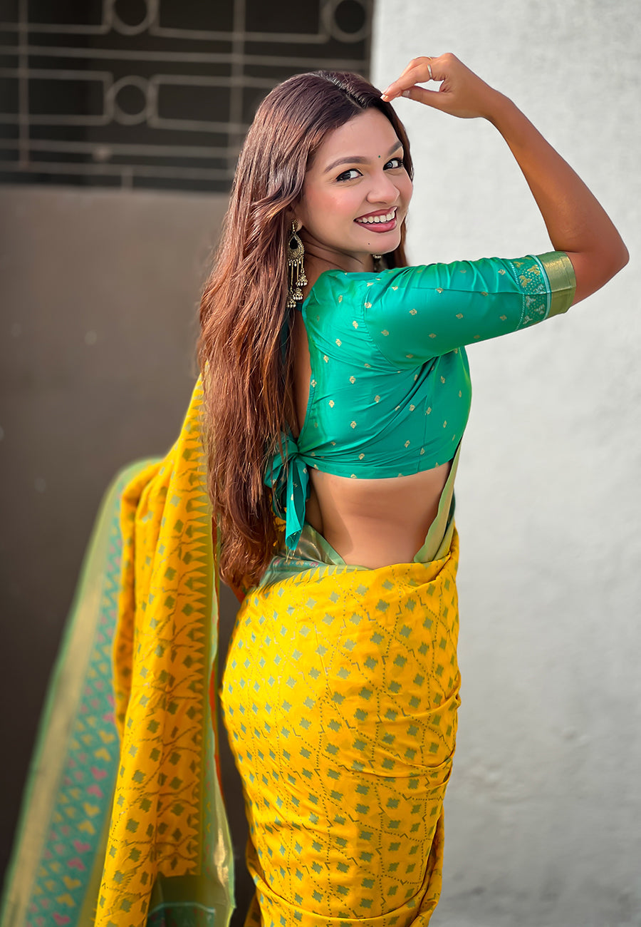 Yellow Soft Silk Zari Woven Patola Saree with Contrast Bandhani Weaves
