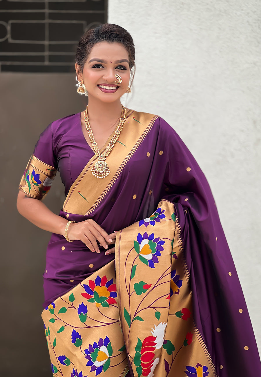 Wine Paithani Silk Saree with Half Half Concept Big Border Zari Woven Saree