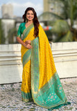 Yellow Soft Silk Zari Woven Patola Saree with Contrast Bandhani Weaves