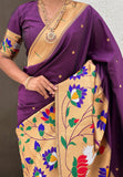 Wine Paithani Silk Saree with Half Half Concept Big Border Zari Woven Saree