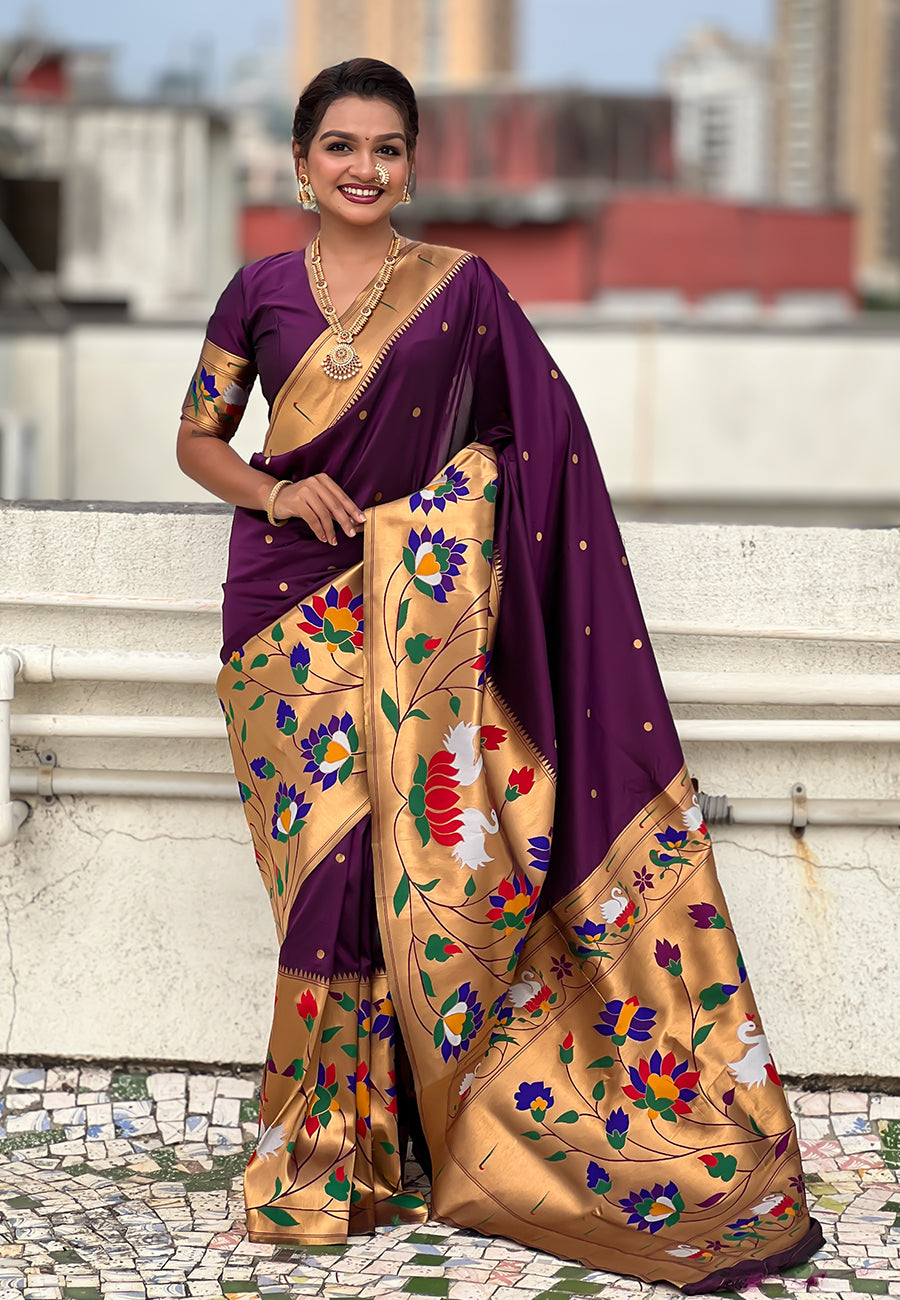 Wine Paithani Silk Saree with Half Half Concept Big Border Zari Woven Saree