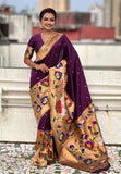 Wine Paithani Silk Saree with Half Half Concept Big Border Zari Woven Saree