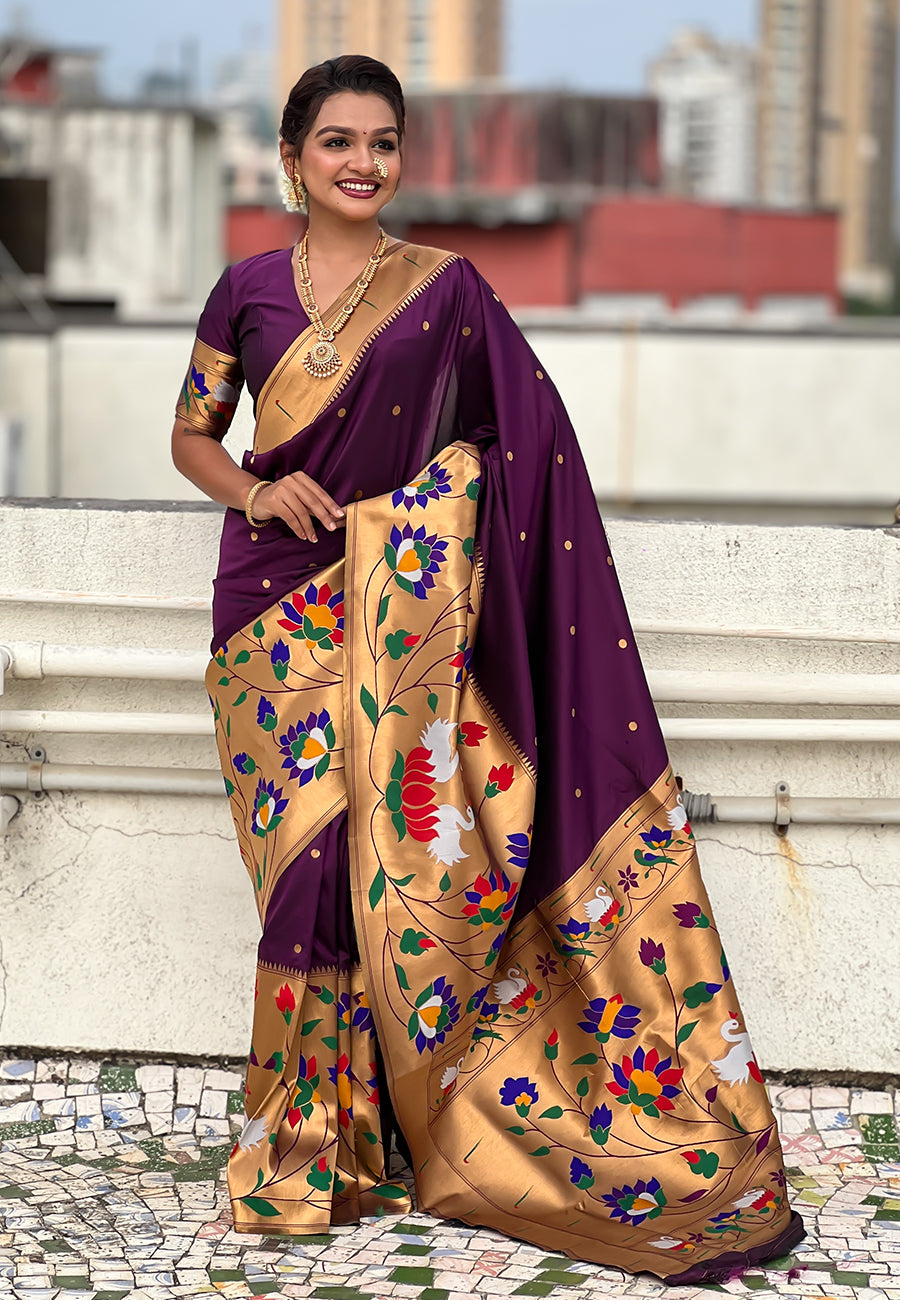 Wine Paithani Silk Saree with Half Half Concept Big Border Zari Woven Saree