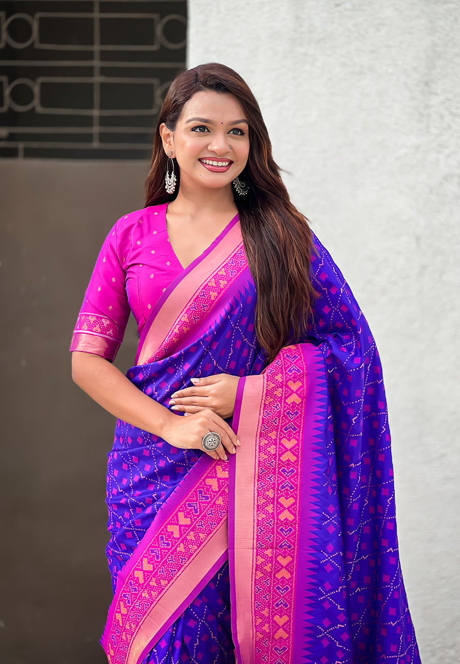 Violet Soft Silk Zari Woven Patola Saree with Contrast Bandhani Weaves