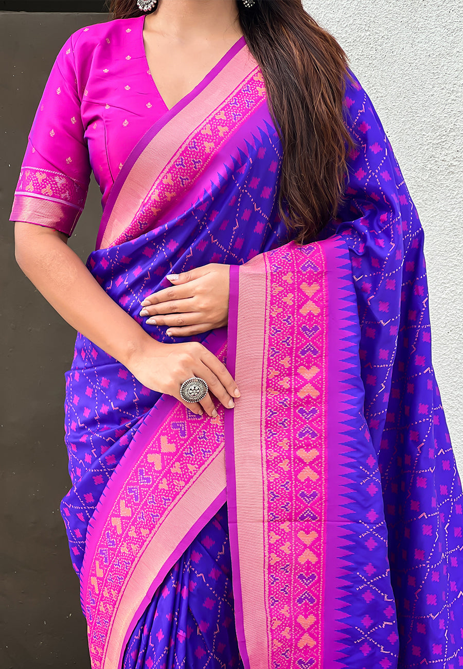 Violet Soft Silk Zari Woven Patola Saree with Contrast Bandhani Weaves