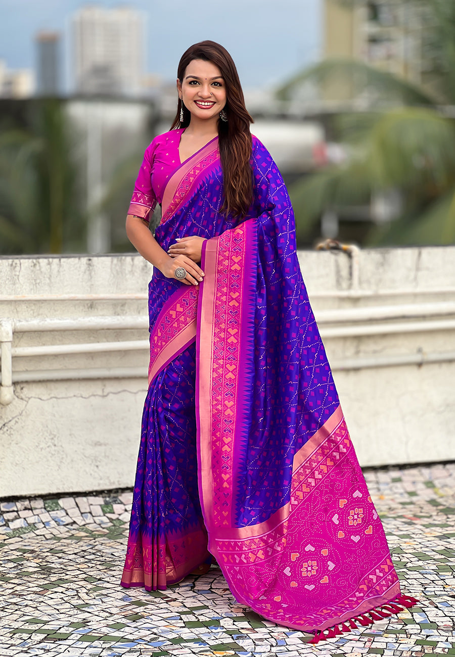 Violet Soft Silk Zari Woven Patola Saree with Contrast Bandhani Weaves