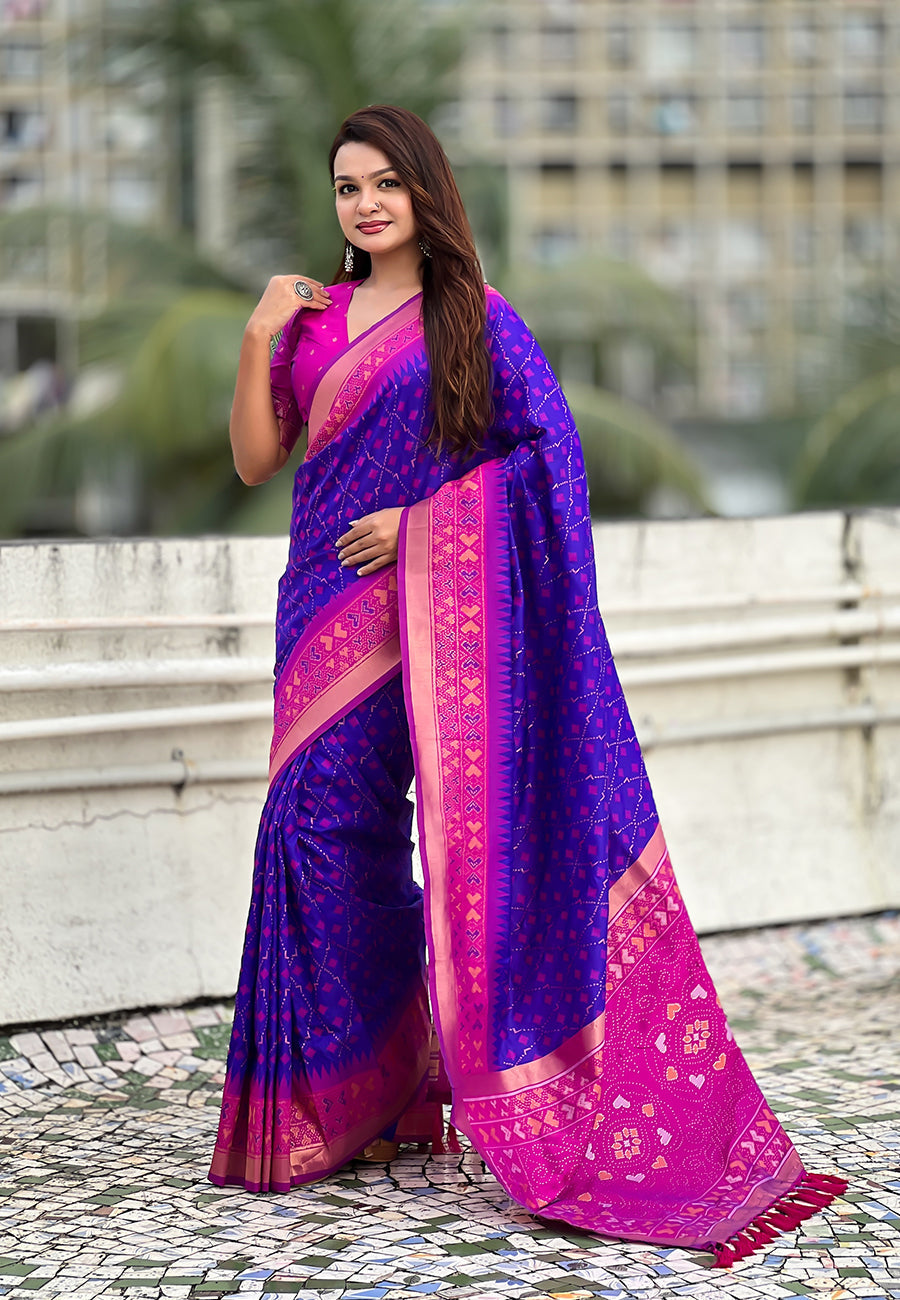 Violet Soft Silk Zari Woven Patola Saree with Contrast Bandhani Weaves