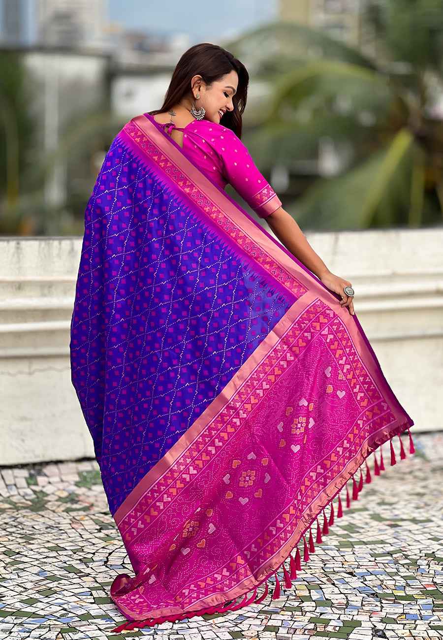 Violet Soft Silk Zari Woven Patola Saree with Contrast Bandhani Weaves