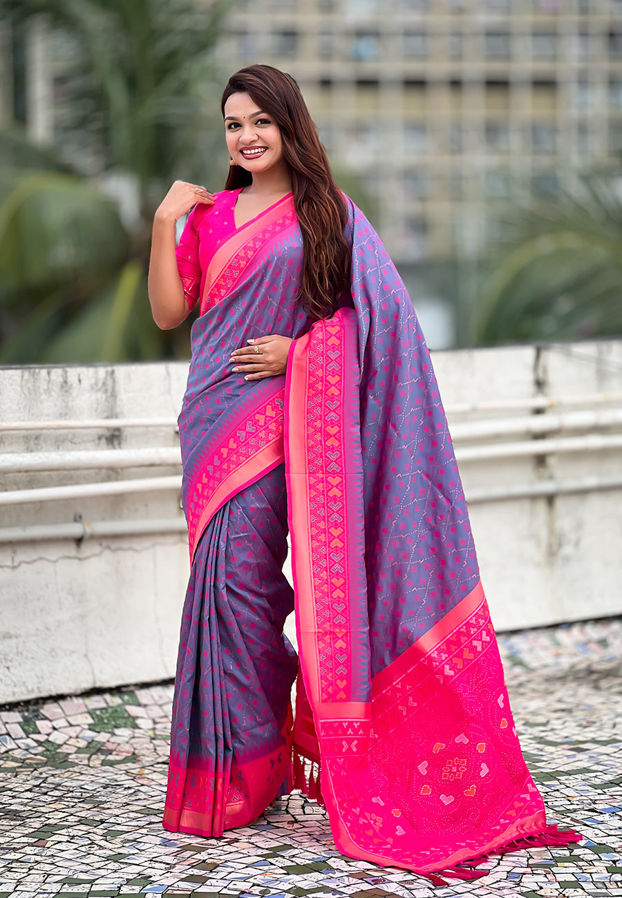 Lavender Soft Silk Zari Woven Patola Saree with Contrast Bandhani Weaves