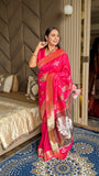Pink Soft Silk Ikkat Patola Saree with Meenakari Motifs Peacock Pallu and Gold Zari Border