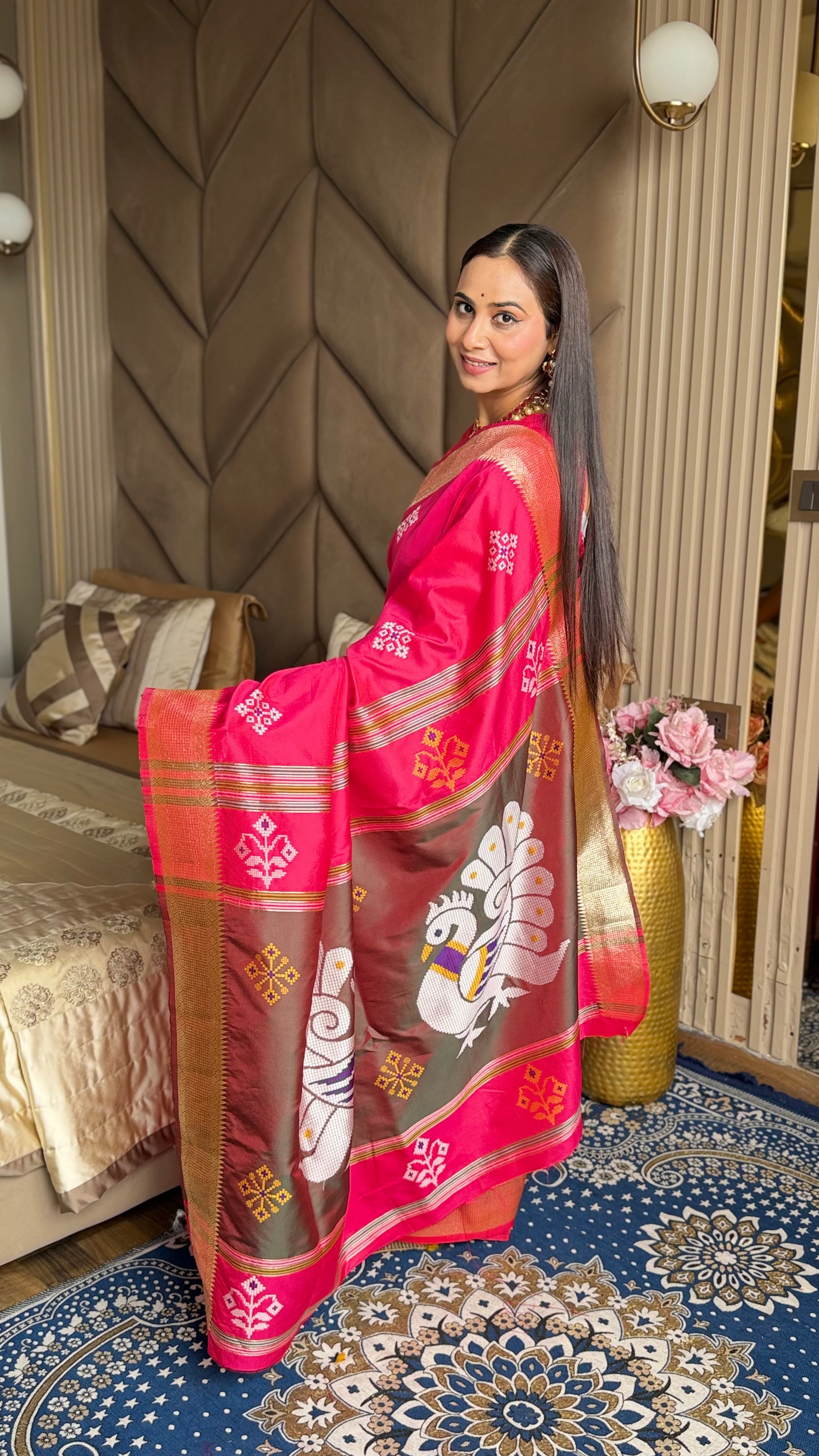 Pink Soft Silk Ikkat Patola Saree with Meenakari Motifs Peacock Pallu and Gold Zari Border