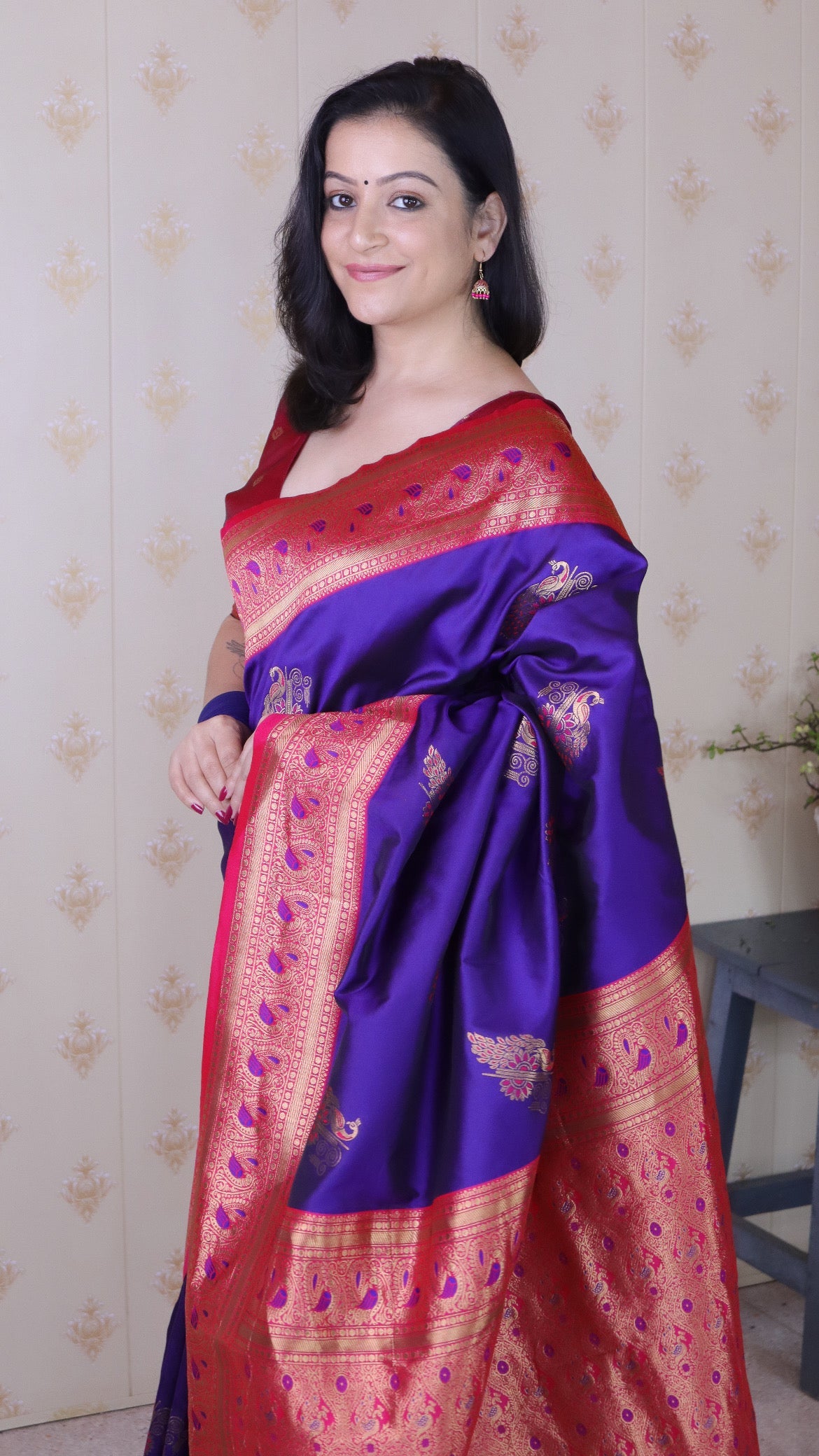 Violet Soft Silk Banarasi Peacock Zari Woven Saree