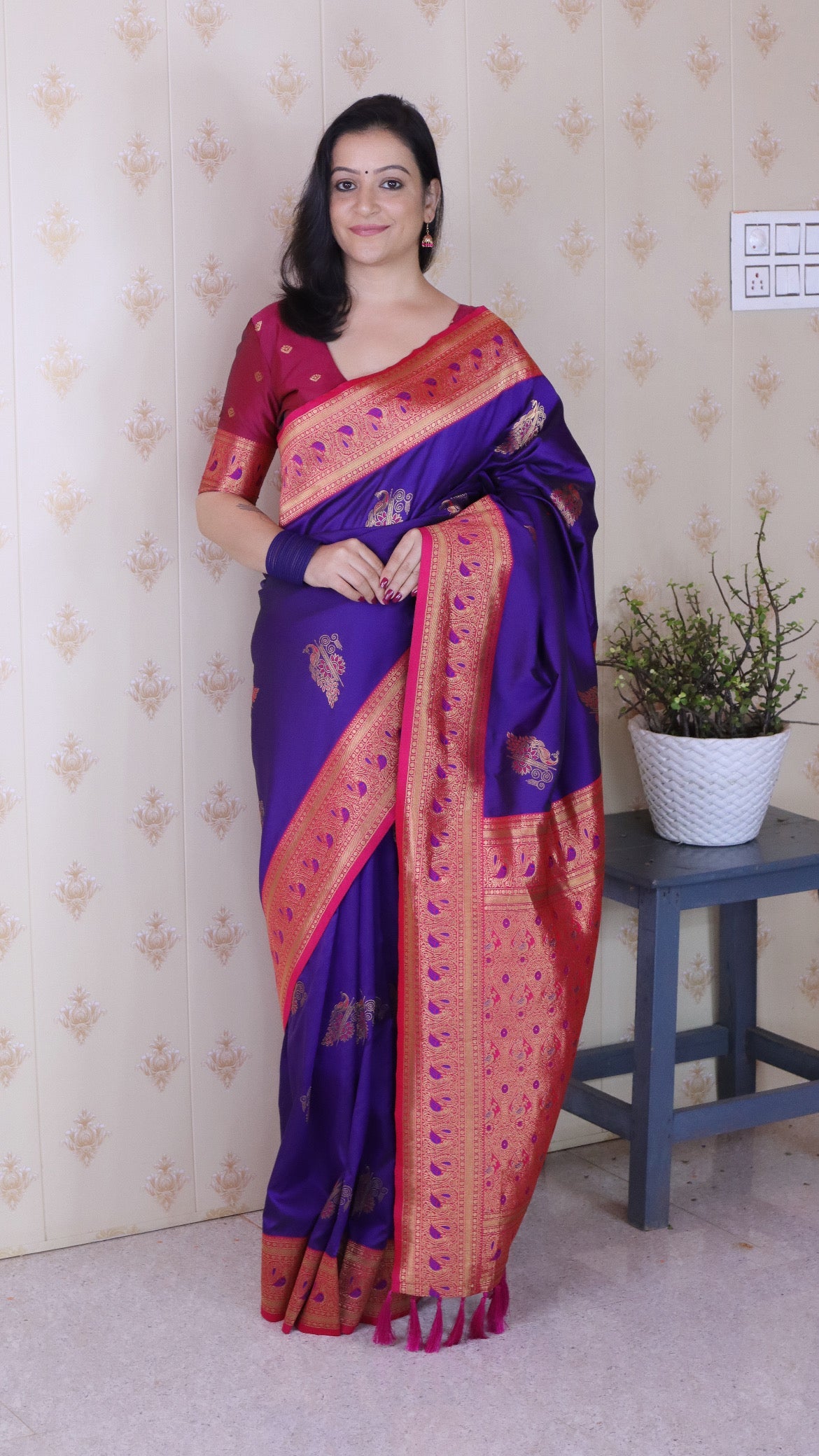 Violet Soft Silk Banarasi Peacock Zari Woven Saree