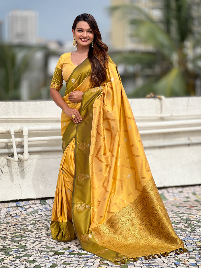 Yellow Soft Silk Dusty Concept Zig Zag Zari Woven Saree